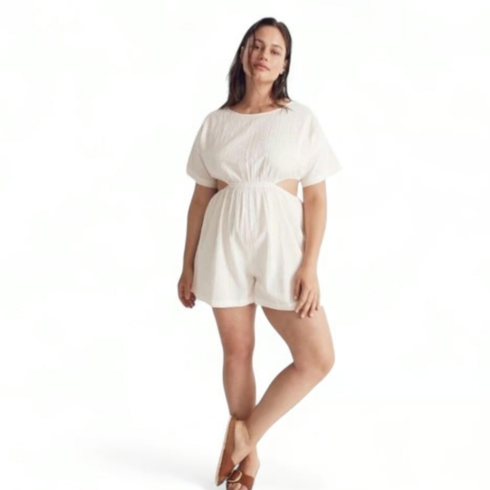 NWT Madewell Seersucker Side Cutout Coverup Short Sleeve Romper Ivory